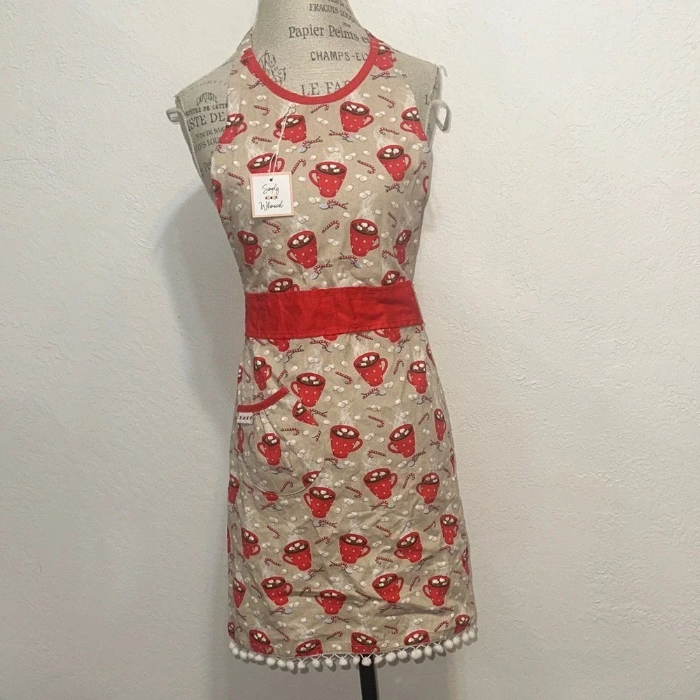 Simply Whimsical Christmas Hot Cocoa Cotton Apron Red Tan Pom Pom Trim NWT